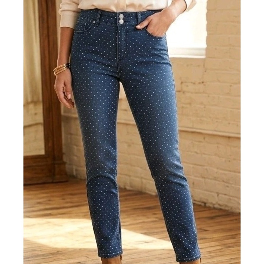 Talbots Slim Ankle Jeans Womens 6P Blue Polka Dot Denim High Rise Pants 6 Petite